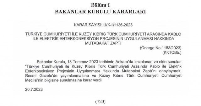 Türkiye ile KKTC arasında imzalanan enterkonnekte anlaşması Resmi Gazete'de